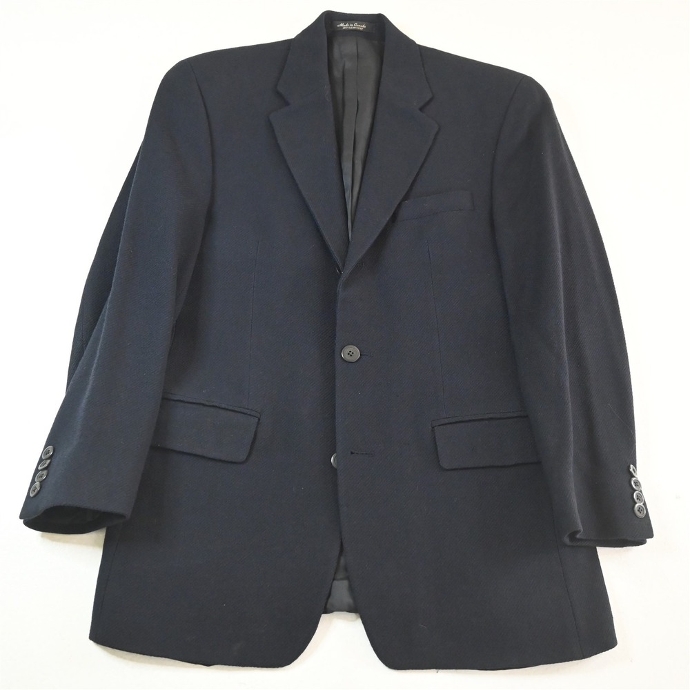 Vtg Y2K 90s Boxy 38R Navy Blue 100% Wool Ribbed Mens‎ Blazer Jacket Sport Coat